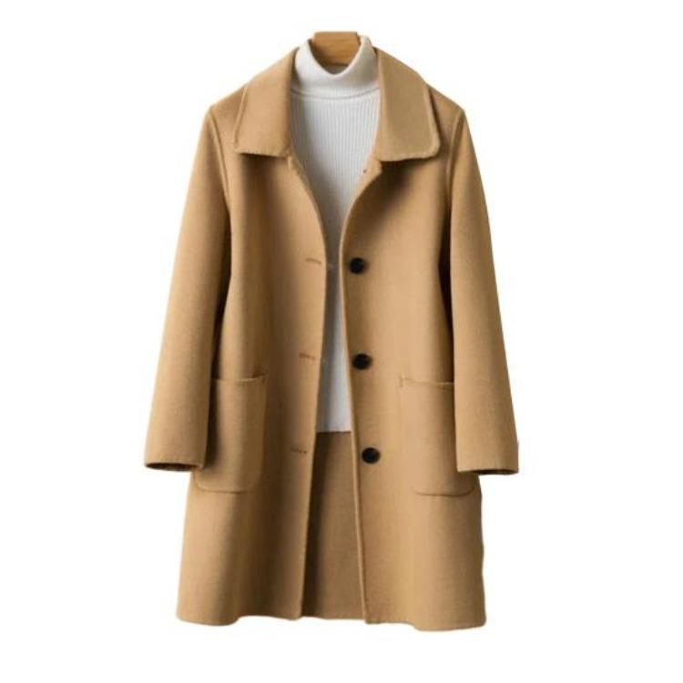 Women Single Breasted Pea Coat Mid Length Wool Blend Trench Coat Notch Lapel