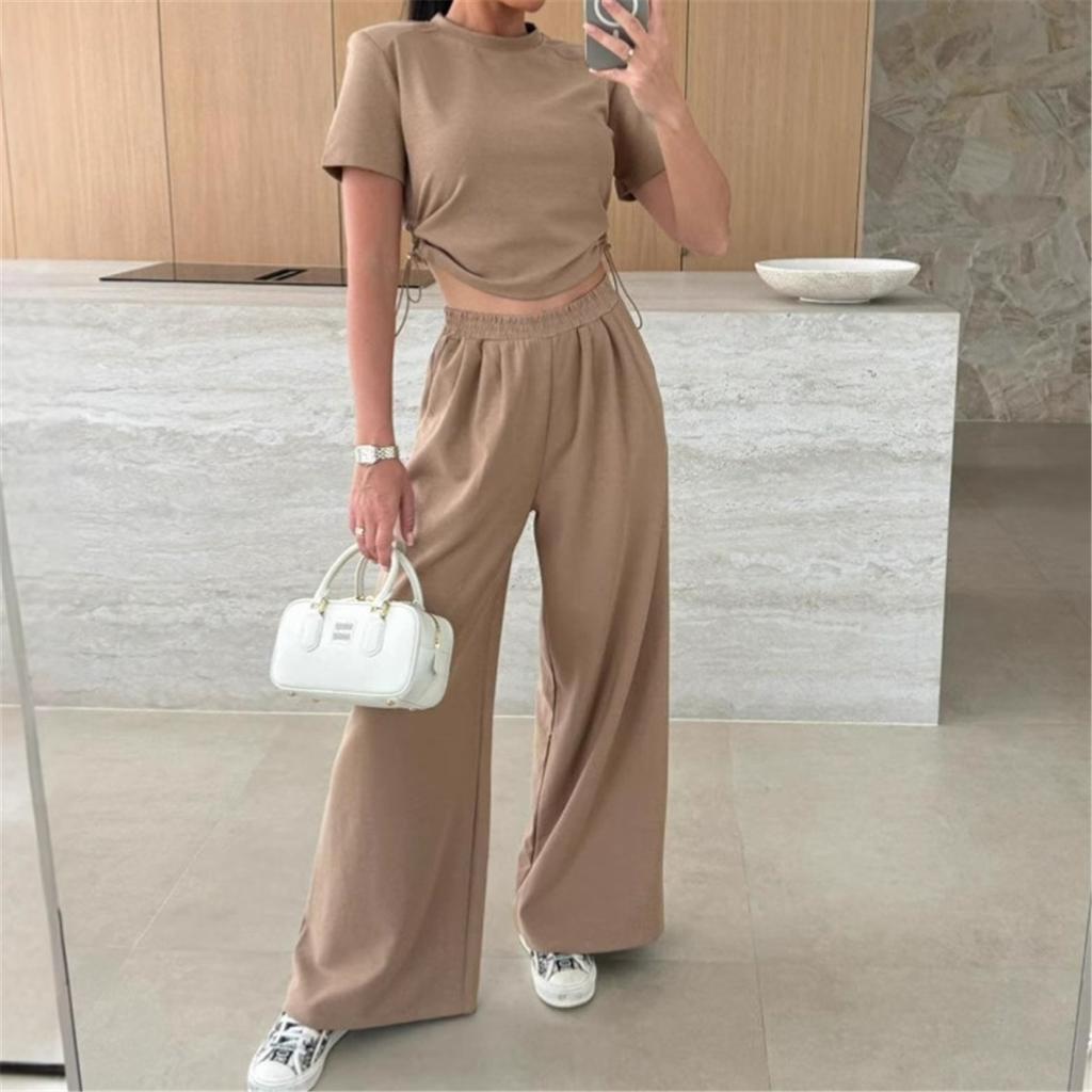 Lato Nowa Moda Casual Jednolity Kolor Garnitur T-shirt Szerokie Nogawki Spodnie Zestaw Dwuczęściowy Dla Kobiet