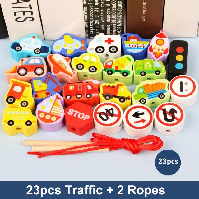 9-36Pcs Baby Wooden Toys Cartoon Fruit Animal Stringing Threading Wooden Beads Toy Monterssori Educational Toys For Kids