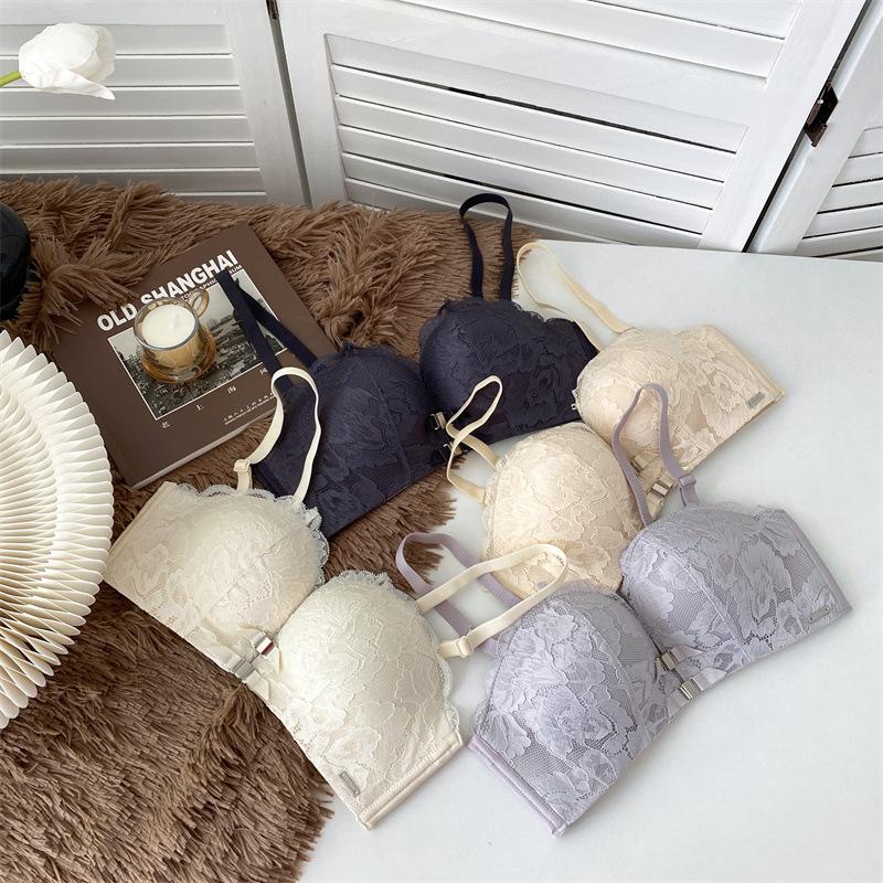 Women's Push-Up Lace Bra - Double Front Closure, Wireless, Adjustable, Side Support, Beautiful Back Design