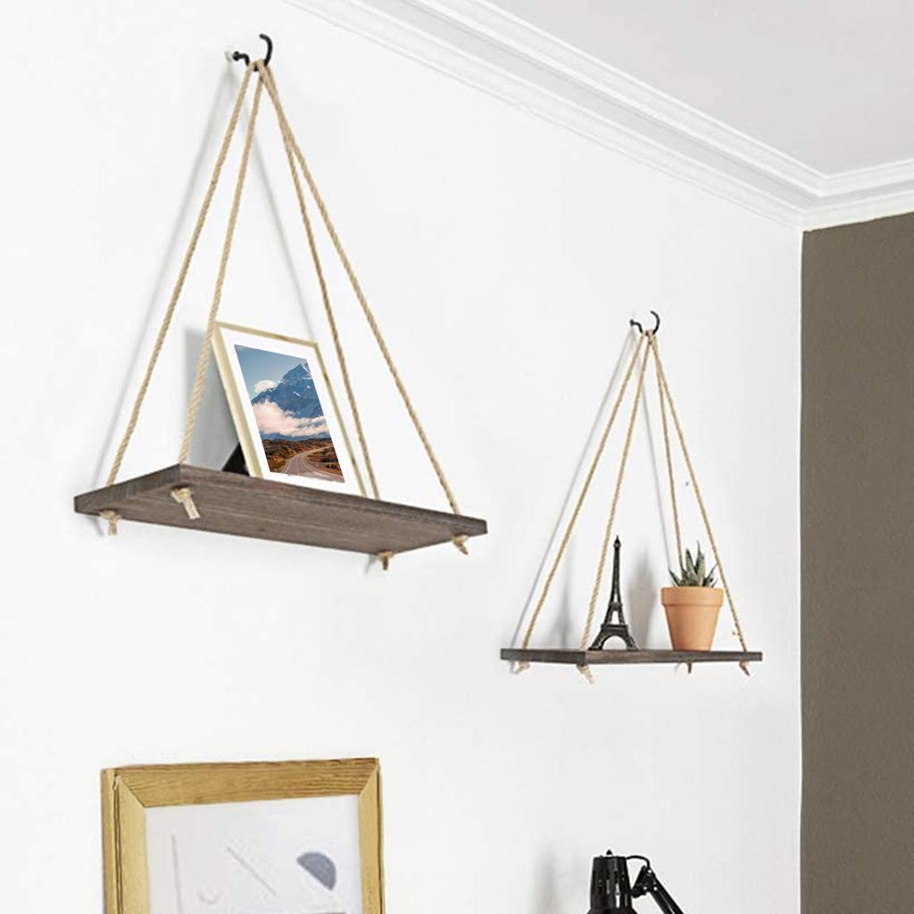 Wood Hanging Shelves for Wall Swing Rope Rustic Floating Shelf Set of 2 Wall Display Shelving Rack for Living Room Bedroom