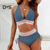 2-teiliges Bikini-Set für Damen, Farbblock, V-Ausschnitt, BH mit hoch taillierter Badehose, verstellbare Träger, Strandbademode