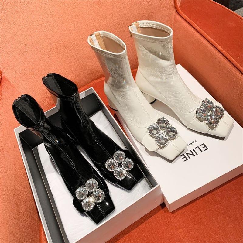 Modische Strass-Kurzschuhe für Damen Arbeit Kawaii Stiefeletten Niedliche Weiße Damen-Knöchelstiefel Elegant mit Niedrigen Absätzen Schuhe Goth Cosplay