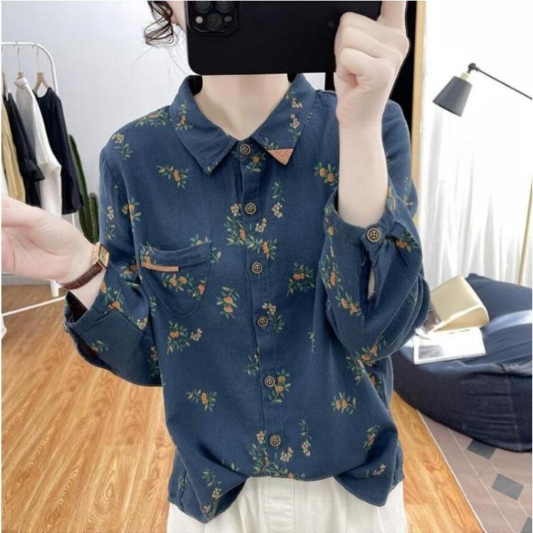 Korean Retro Fashion Women Floral Printed Long Sleeve Blouse Cotton Linen Top Autumn Shirt Digital Design