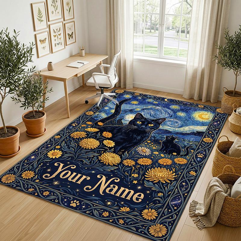 Black Cat Music Theme Soft Crystal Velvet Rug Custom Name & Text Print Non Slip Floor Rug for Bedroom Living Room