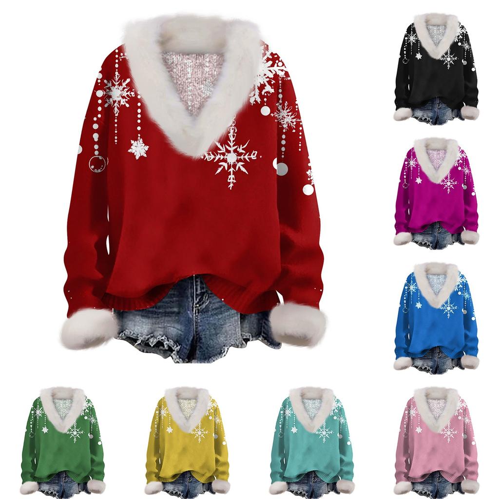 Women's Sweatshirt Long Sleeve Christmas Print Plush Collar V-Neck Pullover Top