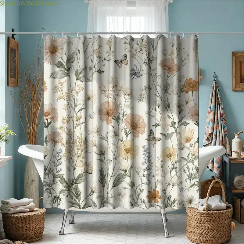1pc of Bathroom Shower Curtain, Dense Plant Pattern, Anniversary Shower Curtain, Includes 12 Hooks, 180*180cm Bathroom Curtain