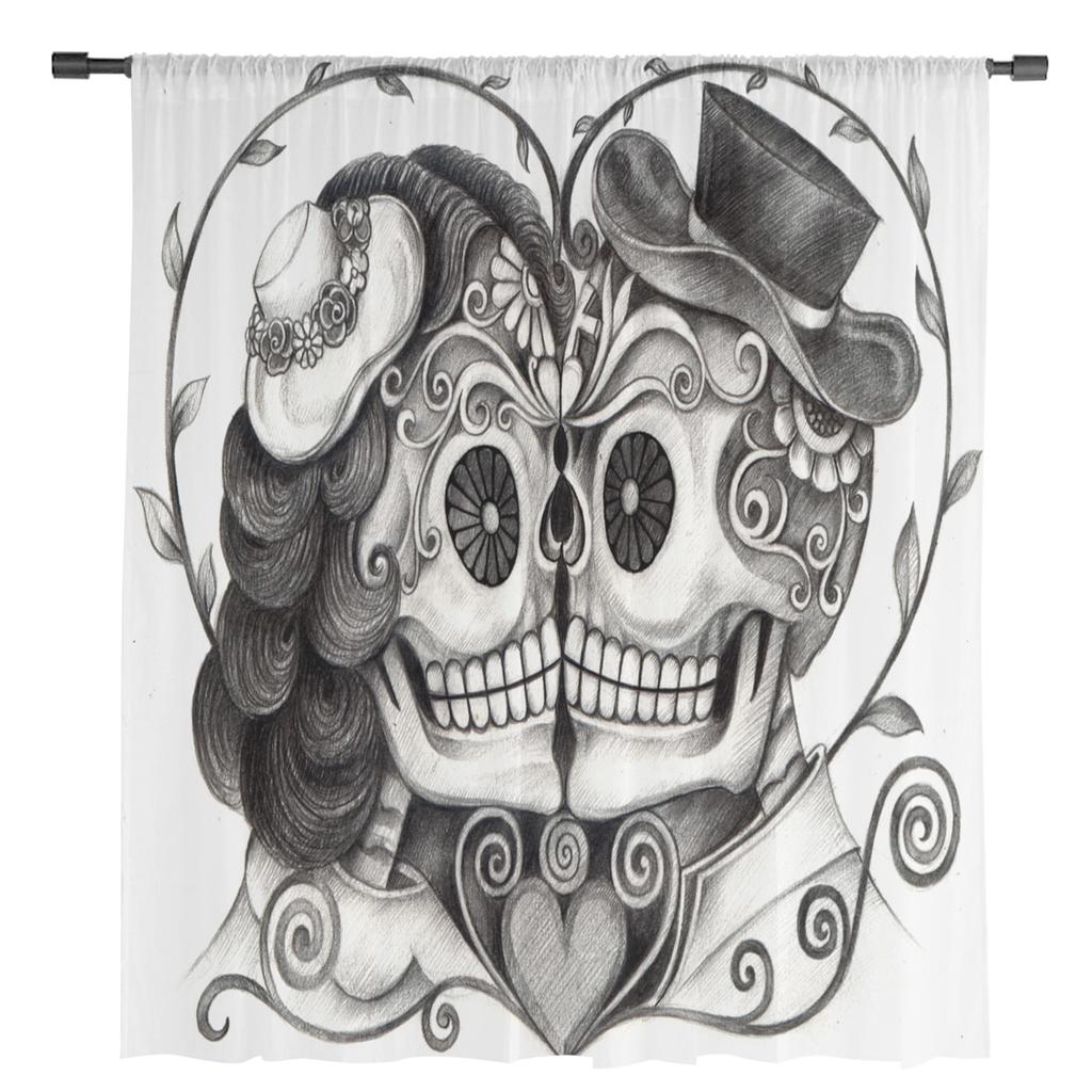 Love Skull Flowers Window Treatment Tulle Modern Sheer Curtains for Kitchen Living Room the Bedroom Curtains Decoration