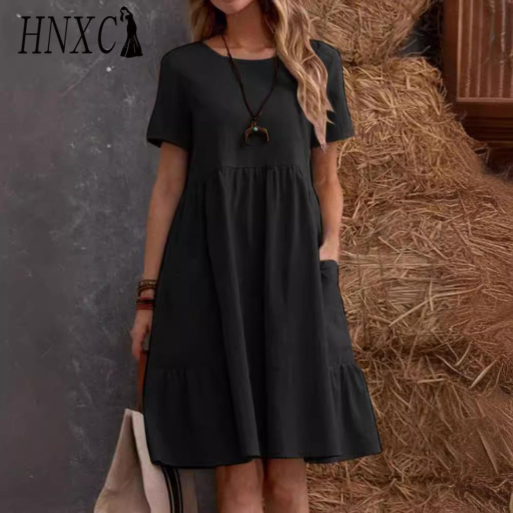 HNXC Dámská móda Léto Jaro Jednobarevný Potisk O-výstřih Vysoký pas Ležérní šaty