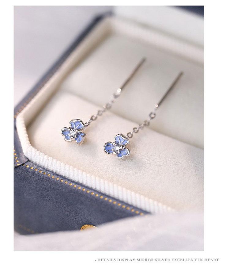 S999 Pure Silver Iris Ear Thread Earrings with Blue Zircon Flower Design