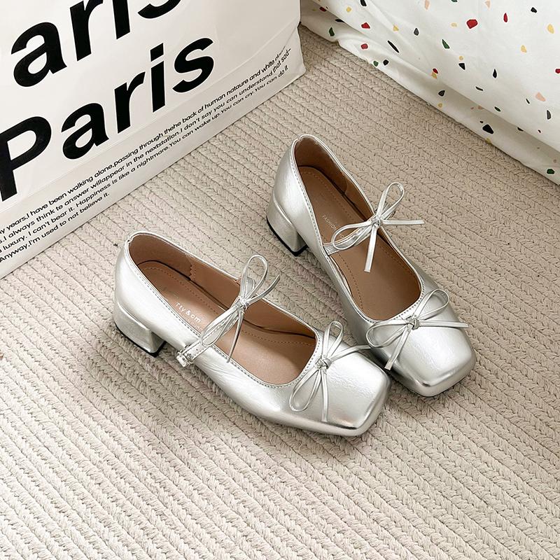 

New Spring Autumn Women Mary Jane Shoes Fashion Butterfly-knot Shoes Street Style Casual Thick Heel Dress Leather Pumps 35 срібний