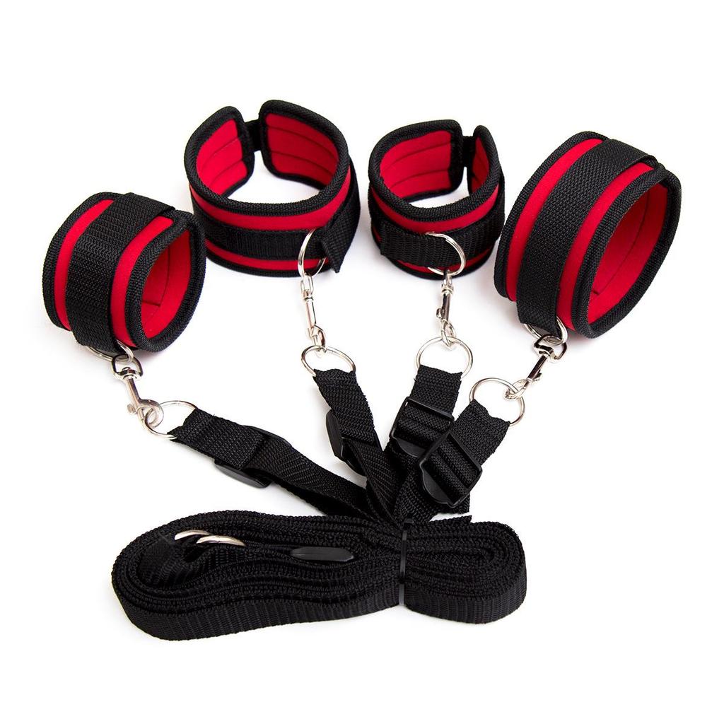Couple's Bed Restraint Set: Adult Hand & Foot Cuffs with Combination Straps