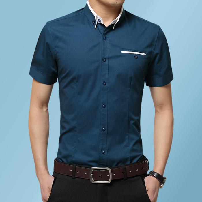 

2026 New Summer Cotton Business Men s Short Sleeved Shirt Pocket Lapel Thin Formal Suit Dress Shirts Male Brand Clothing M павлин голубой