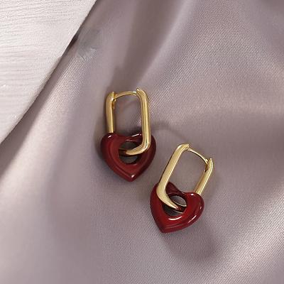 French Retro Romantic Wine Red Heart Pendant Earrings For Women Wedding Party Girls Fashion Zircon Christmas Gift Accessories
