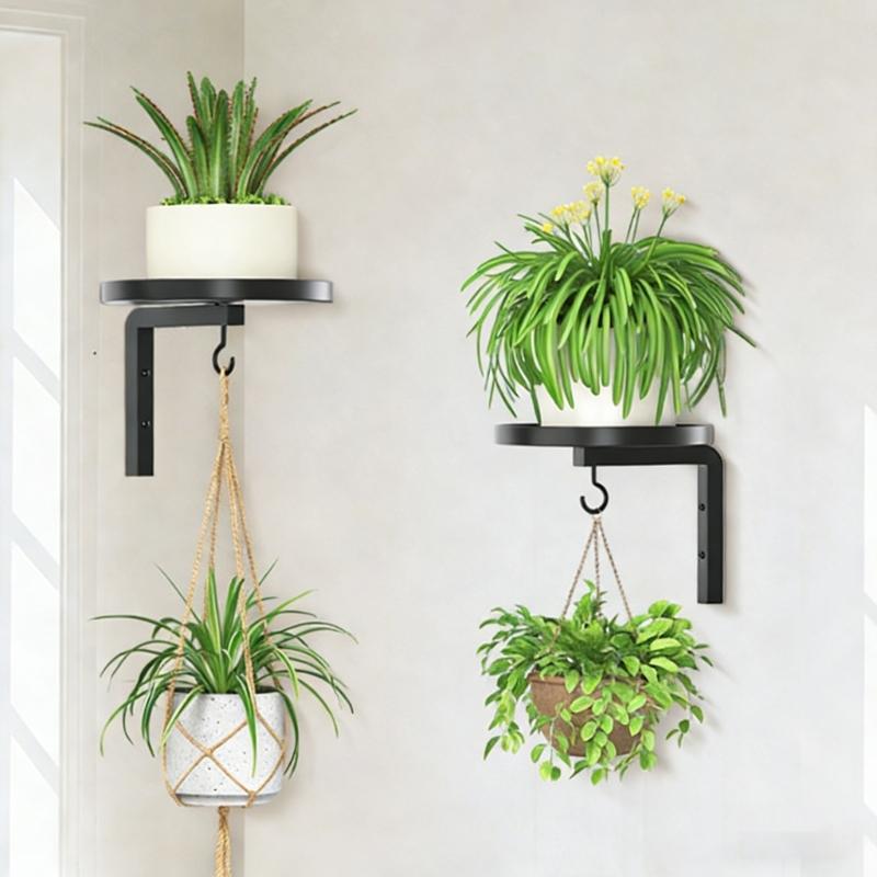 2pack Black Metal Plant Holder Wall Hanging Flower Shelf For Wall Installation Accommodates Multiple Pots Indoor Display