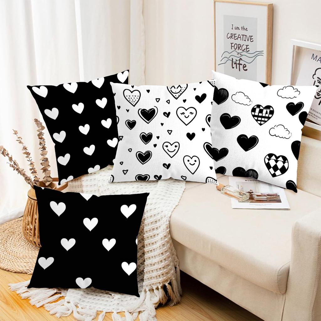 2D Flat Printing Black And White Heart Pattern Decorative Throw Pillows Polyester Pillowcase, Sofa Decorative Cushion Cov