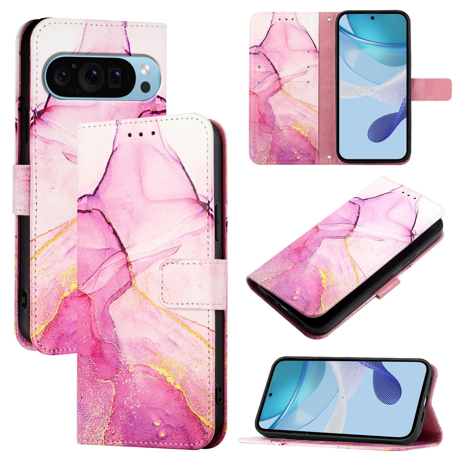 

For Google Pixel 9 Pro/Google Pixel 9 Case with Strap Marble Pattern Leather Phone Cover Card Holder A