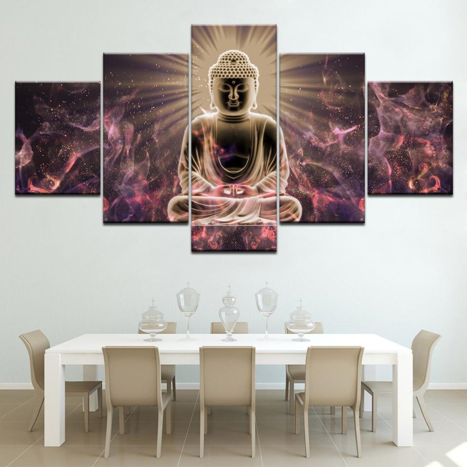 5 Pieces Buddhism Abstract Pictures Buddha Statue Paintings Printed Poster Wall Art Canvas Frame Living Room Home Decor
