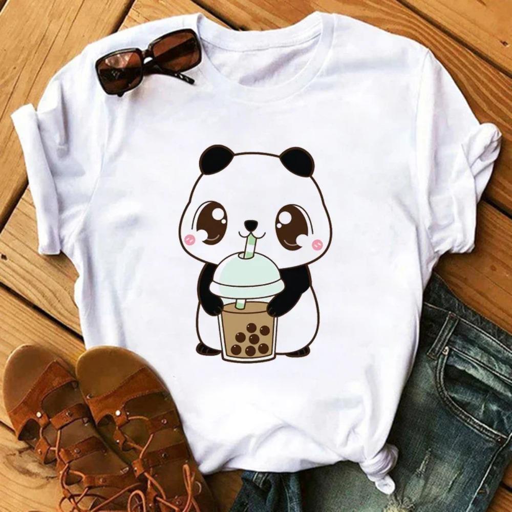 Funny Retro Casual Women's T-shirt Cute Women's Street Wear Panda Pattern Round Neck Short-sleeved Fashion Tea Print Aesthetic Clothing