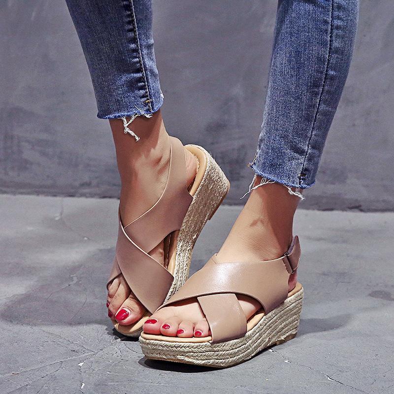 European and American foreign trade large size fashion summer sandals round head lightweight Velcro rubber sole hemp rope sole cross sandals