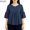 ZANZEA Women Casual Round Neck Solid Color 3/4 Sleeve Loose Blouse