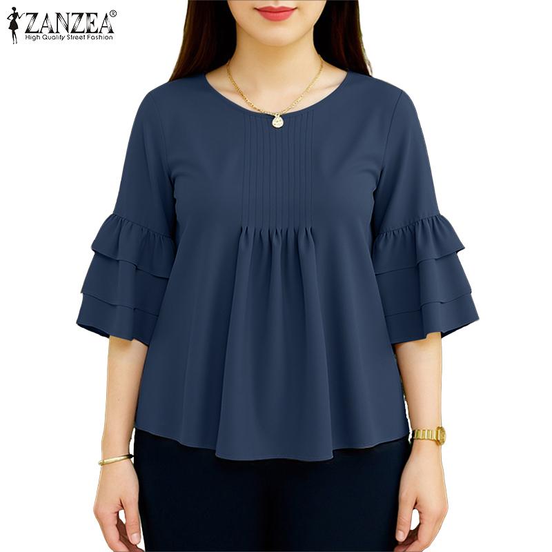 ZANZEA Women Casual Round Neck Solid Color 3/4 Sleeve Loose Blouse