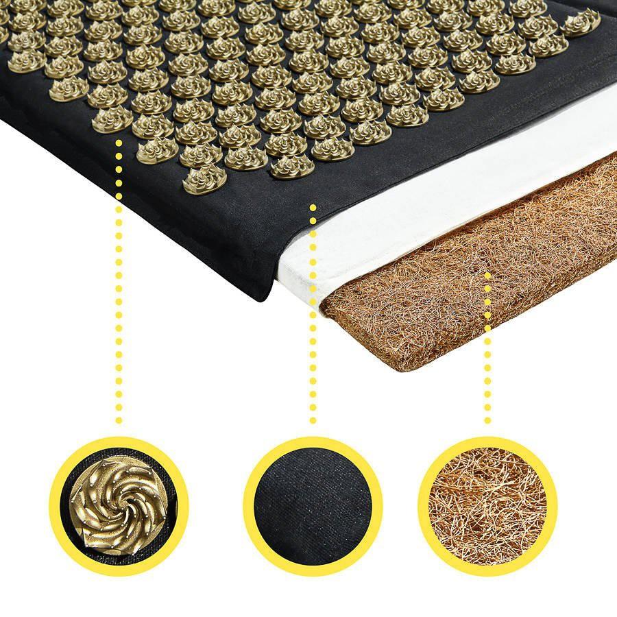 4FIZJO ECO Acupressure Mat 68x42cm with Buckwheat Hulls and a Pillow, Black and Gold