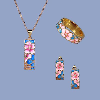 Squisita Collana Orecchini Anello Fiore Rosa da Donna Set Moda Tre Pezzi Smalto Fatto a Mano Gioielli per Festa Nuziale