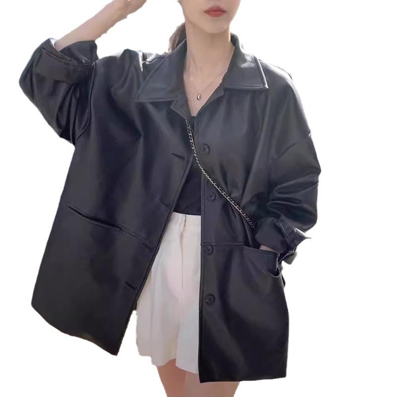Korean Version of Temperament Trend Sweet Cool Lapel Locomotive Jacket Women's Autumn New Loose Versatile Leather Jacket Cardigan Top