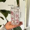 500Ml Pink Bow Print Water Bottle Drinking Can Iced Hot Coffee Juice Plastic Cup Pink Bowknot Tumbler Cup