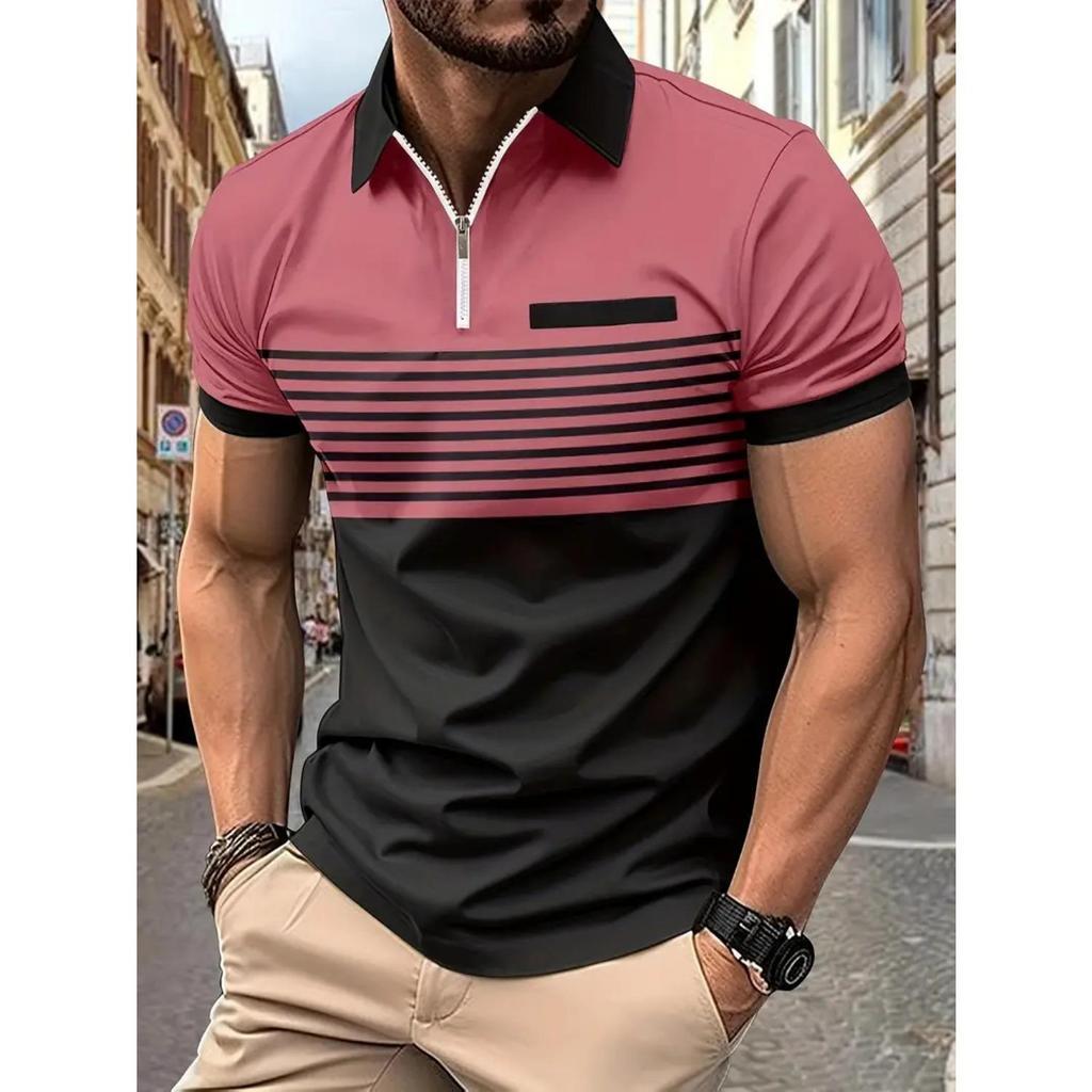 New Striped Printed Short Sleeve Top Men's Casual Lapel Zip Polo Shirt Polo