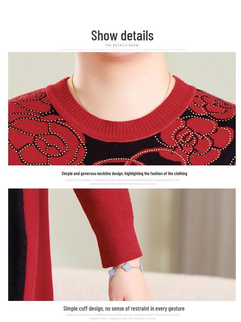 Plus Size Round Neck Wool Pullover for Overweight Middle-Aged and Elderly Women - Extra Wide Base Layer Knitwear for Autumn/Winter