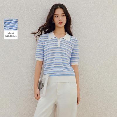INMAN Women's Striped Colorblock Knit Polo Shirt
