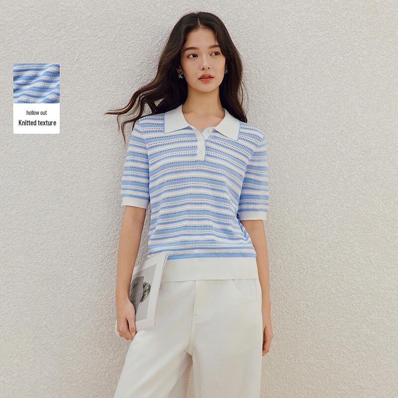 INMAN Women s Striped Colorblock Knit Polo Shirt L