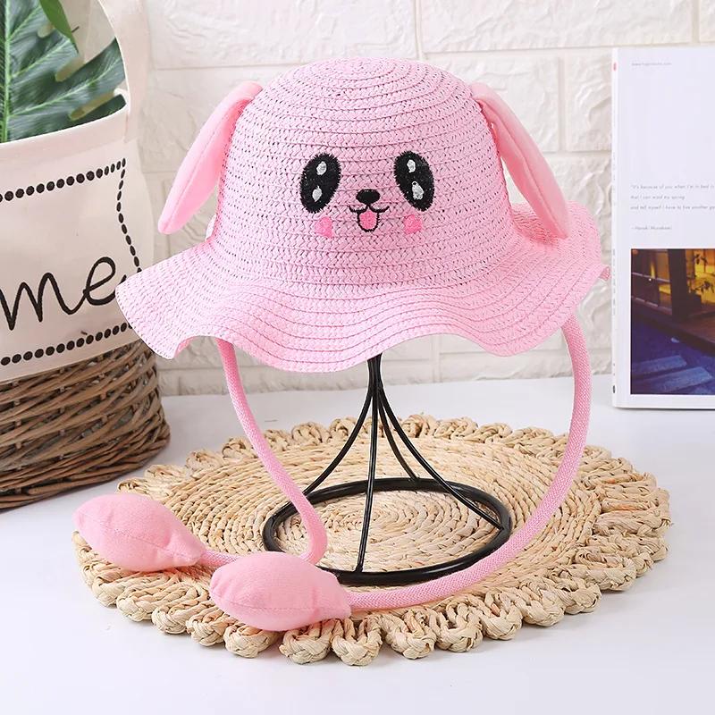 

Kids Anti-UV Straw Sun Hat with Moving Rabbit Ear Cute Bunny Fisherman Hat Summer Beach Cap Wide Brim Sun Hat for Girls Boys розовый