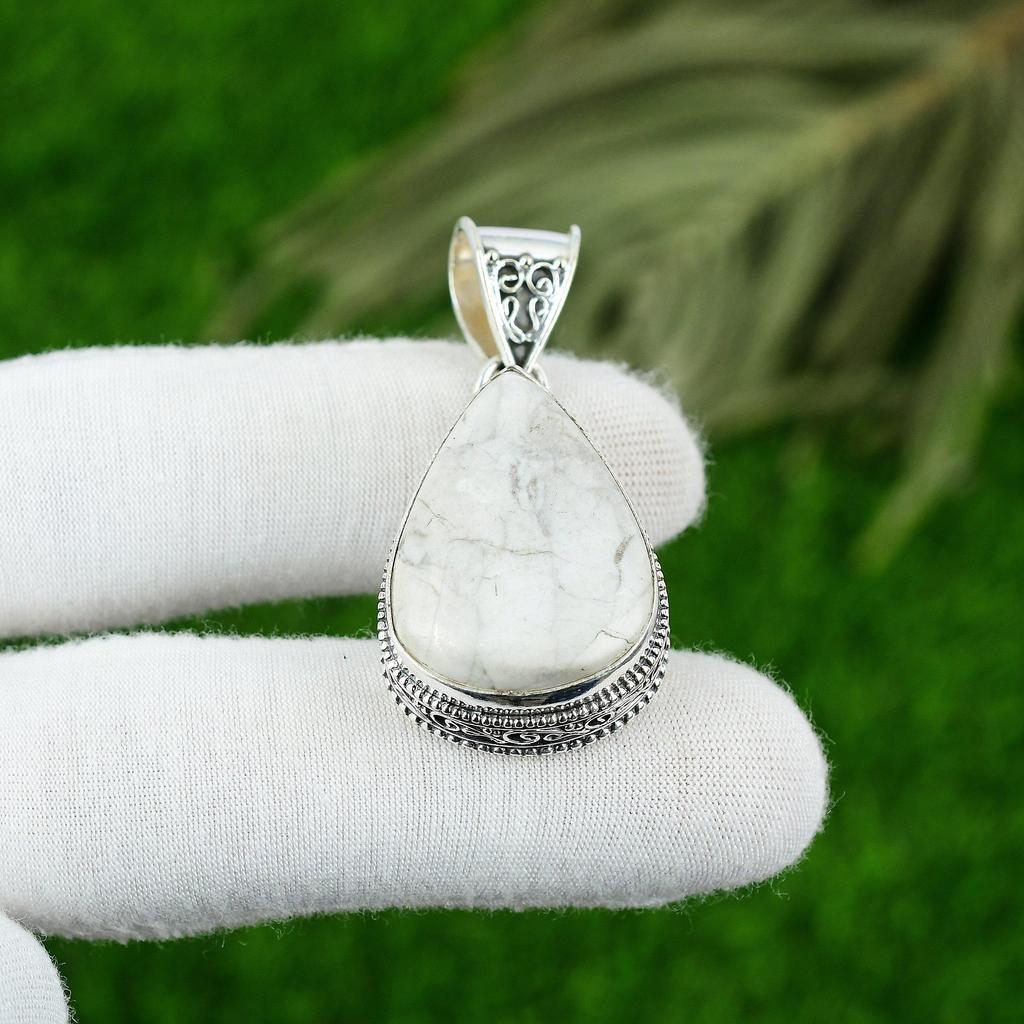 Pear Howlite Stone 925 Silver Bezel Trendy New Vintage Sister Pendant Jewelry
