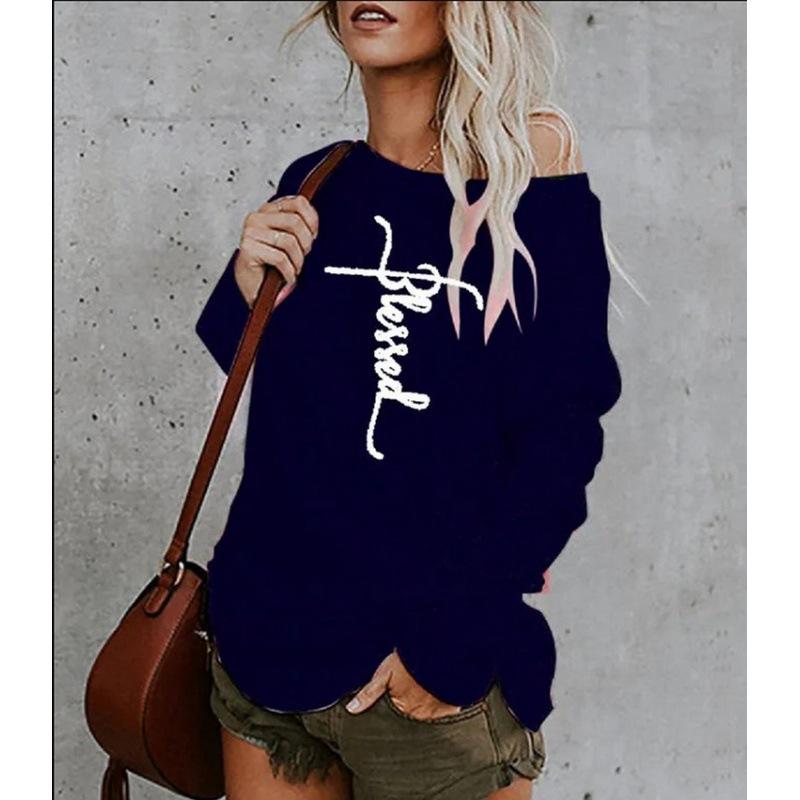 Women's Fall Slim Printed Strapless T-shirt Loose Long-sleeved Casual Tops