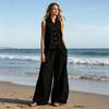 Conjuntos de 2 Peças Femininos Sem Mangas, Conjunto Combinando Casual com Top Regata de Botão e Calça Wide Leg, Roupas para Viagem, Férias e Lounge