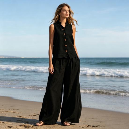 Conjuntos de 2 Peças Femininos Sem Mangas, Conjunto Combinando Casual com Top Regata de Botão e Calça Wide Leg, Roupas para Viagem, Férias e Lounge