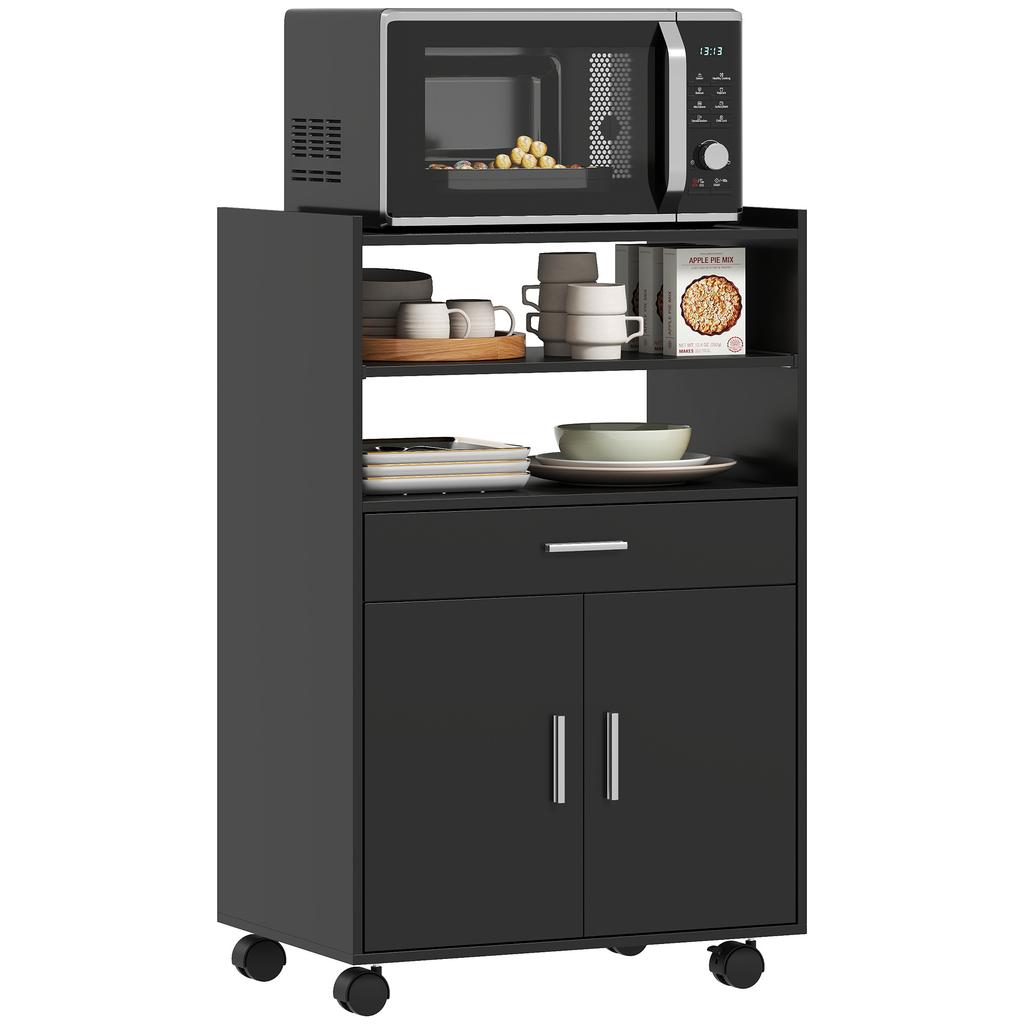 Kitchen Trolley on Wheels, Microwave Cart, Drawer, Shelves, 59 x 40 x 92 cm, Black