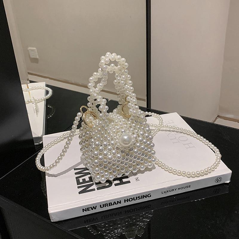 Water Pvc Compact Bucket Bag With Pearl Chain And Lock Closure For Wear Casual