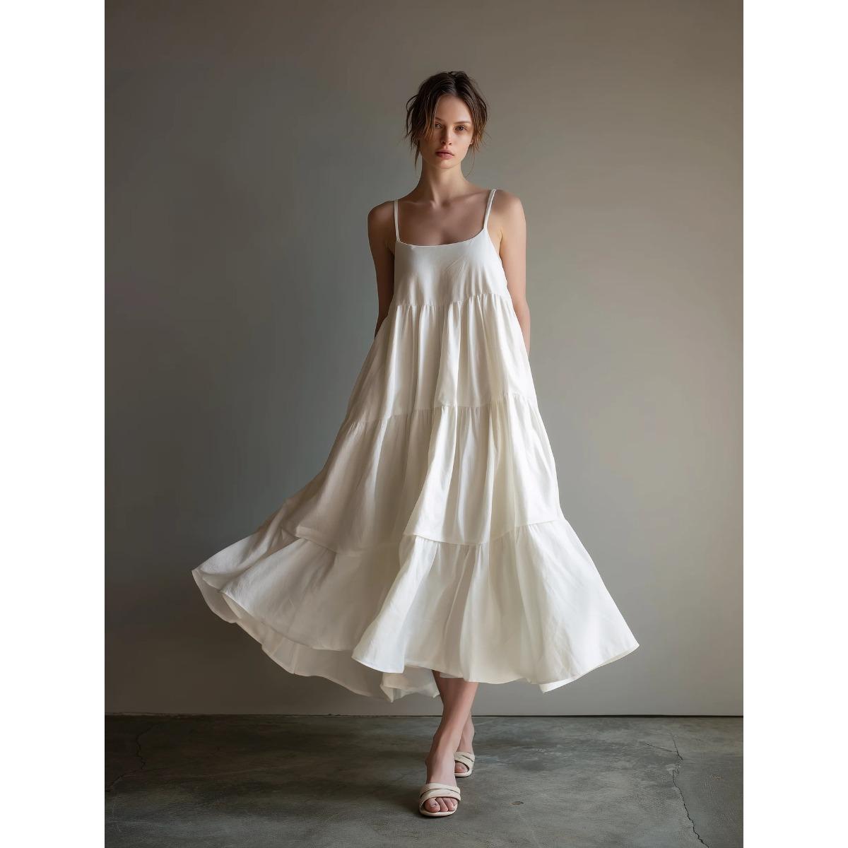 Women s Spaghetti Strap Solid Color Tiered Layer Loose Fit Casual Vacation Maxi Dress S белый