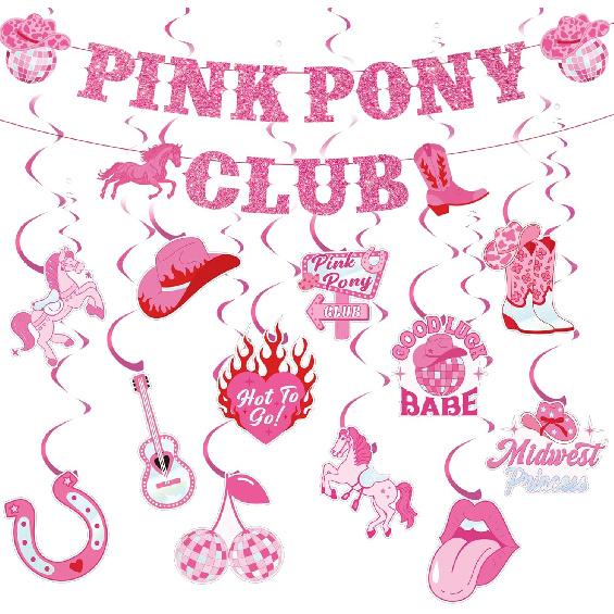 Pink Pony Club Decorations Banner - 14 Pcs Glitter Hot Pony Birthday Banner Disco Ball Swirls for Western Cowgirl Bachelorette Let s Go Girls Party