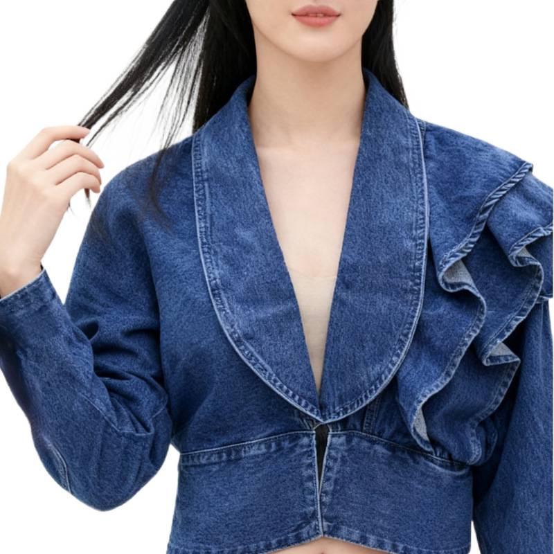 Korean-Style Ruffle Slim-Fit V-Neck Denim Jacket