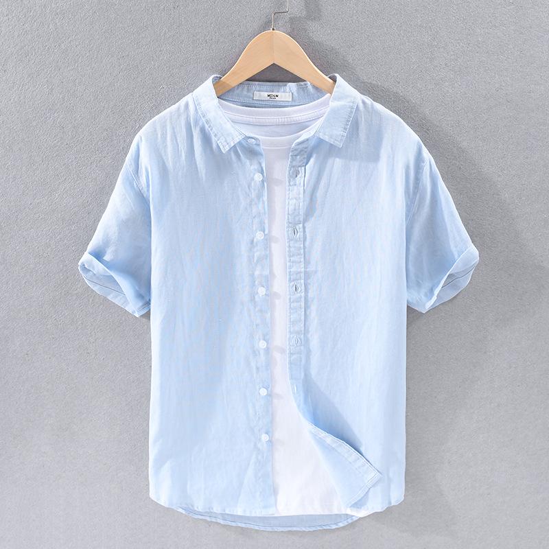 Camisa Casual de Manga Curta de Linho Puro para Homem - Estilo Versátil, Atacado 9012