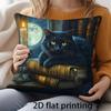 1pc 2D Flat Printed Moonlit Night Ancient Book Black Cat Double-Sided Print Pillowcase, Gothic Cute Pet Style Home Decor Cushion Cover with Zipper Clo