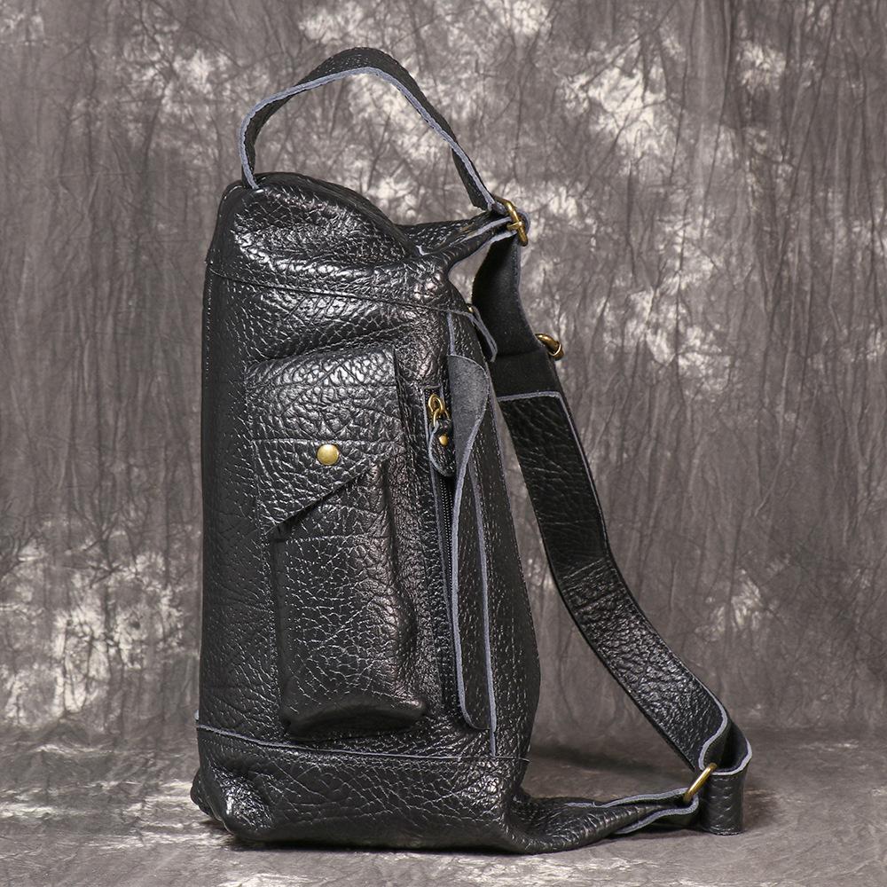 Men S Leather Breast Bag, Bison Leather Cycling Bike Bag, First Layer Cowhide Shoulder Travel Bag, Mountaineering Bag