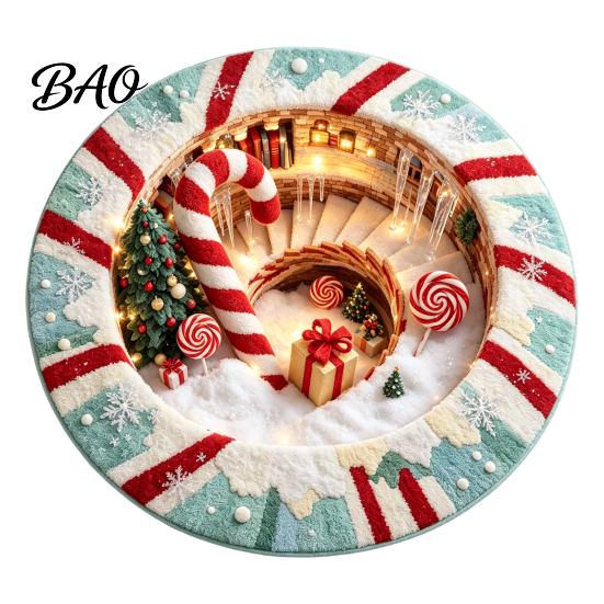 Living Room Xmas Rug 3D Optical Illusion Round Christmas Rug, Cute Santa Claus Crystal Velvet Floor Mat, Non Slip Decor Vivid Printed Circular Carpet
