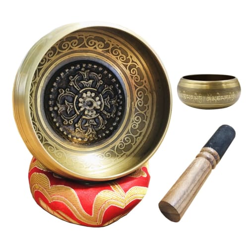 NGE Singing Bowl, Overtone, Heart Vibration, Includes Stick, Cushion, and Drawstring Bag, Natural Resonance, Nepalese 7-Metal Design, Cross Vajra Patt
