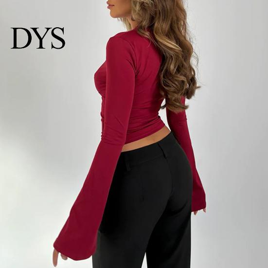Solid Color Lace Print Blouse Women's Long Sleeve Crop Top Sexy Deep V Neck Slim Fit Bell Sleeves Club Wear Casual Basic Low Cut Going Out Shirt